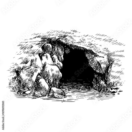 Detailed cave engraving illustration. A dark entrance, a mysterious cavern, an unknown depth, a rocky shelter, a natural formation.