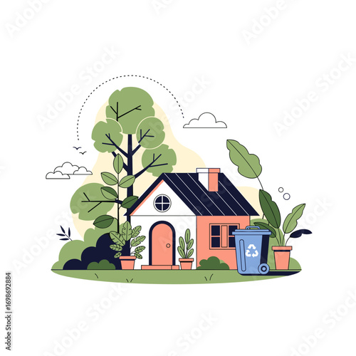 Eco-friendly home with recycling bin and lush green plants enhancing sustainable living