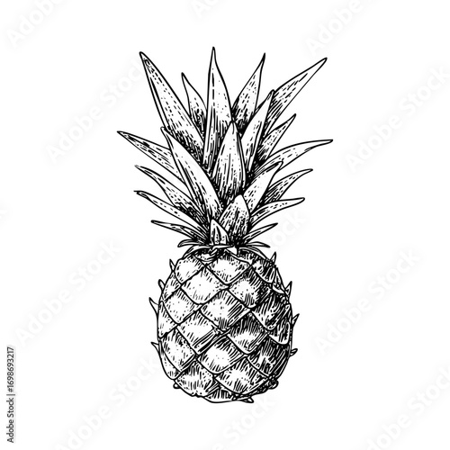 Detailed engraving of a pineapple. Includes botanical illustration and tropical fruit. Perfect for food illustration and healthy eating.