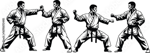 Martial arts practice, karate black belts, fighting stances, self-defense training, combat techniques, sparring partners, discipline, strength, teamwork, martial arts dojo