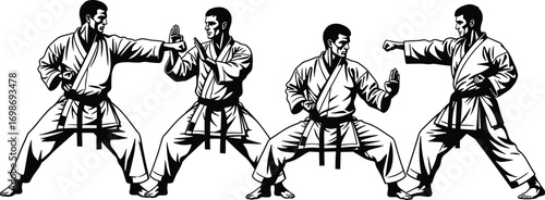 Martial arts training, karate fighters, black belts, sparring practice, martial arts stance, self-defense, dojo, discipline, teamwork, combat skills, action poses