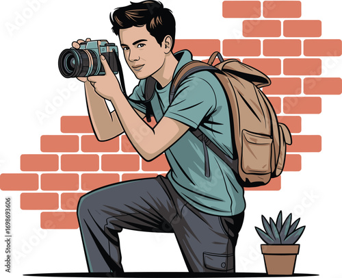 Vector illustration of a young male photographer holding a digital camera, representing the creative profession and hobby