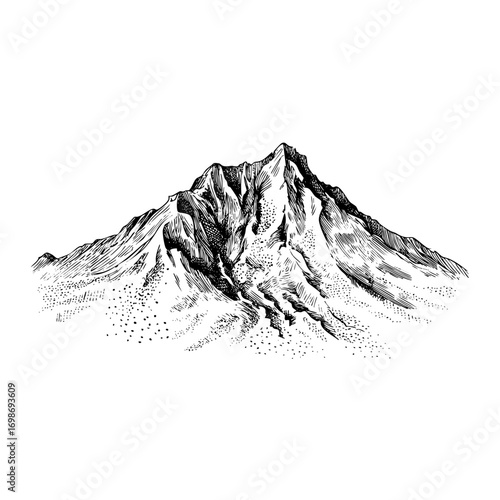 Mountain peak engraving. Rugged summit landscape illustration with detailed mountain range and textured engraving.
