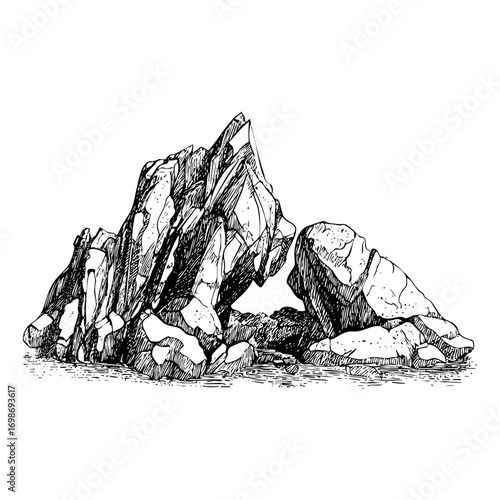 Rocky outcrop engraving. Detailed rock formation landscape drawing with intricate rock details and textured engraving.