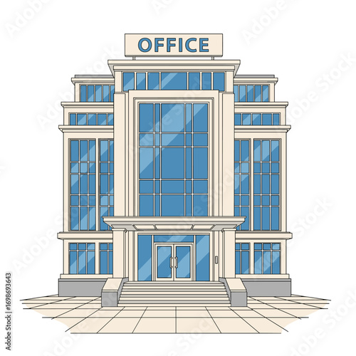 Modern commercial office building architecture with large glass windows and entrance stairs