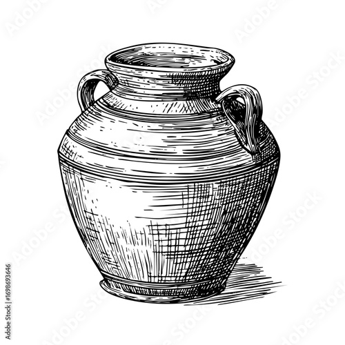 Classic amphora engraving, ancient pottery vessel, and detailed illustration. A historical artifact element for designs.