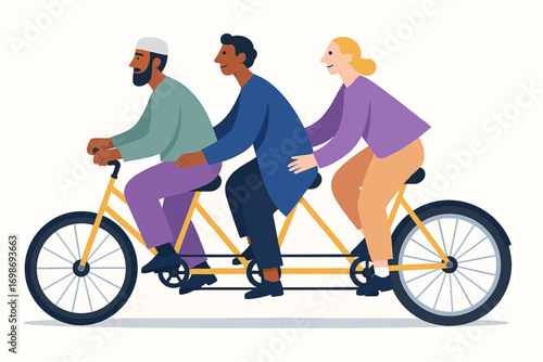 Three people riding a tandem bicycle in flat vector illustration style with strong frame large wheels and each rider having pedals, minimal colorful design for teamwork and collaboration concept