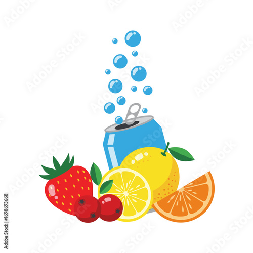 Refreshing burst of fruity flavors with bubbly beverage can surrounded by fresh berries and citrus slices