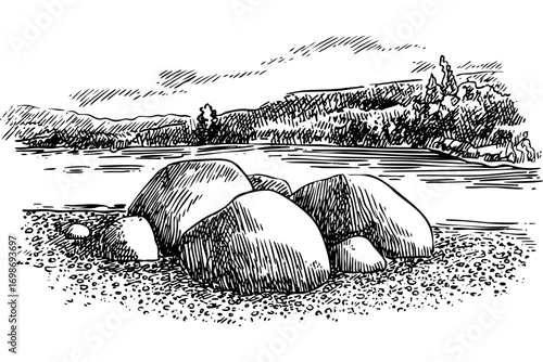 An engraving of rocks on a shoreline with a distant landscape. Rocky beach, coastal view, and natural scenery are all depicted.