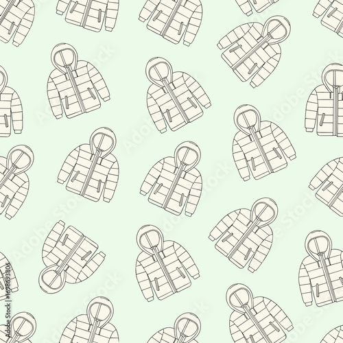Pattern design of puffer jackets with hoods and zippers rendered in a sketch style on a light green background