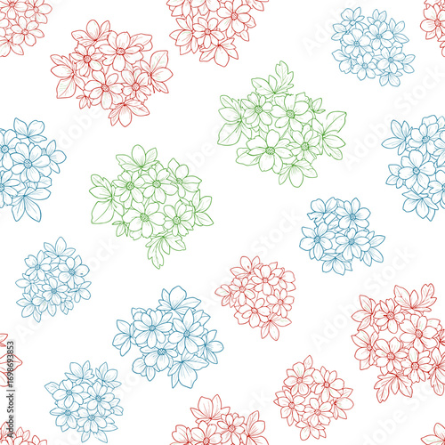 Delicate floral pattern with red blue and green blossoms scattered on a white background