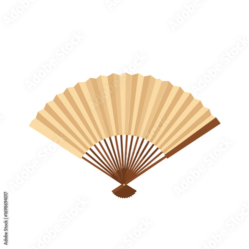 A traditional japanese paper folding fan with wooden ribs and handle used for cooling