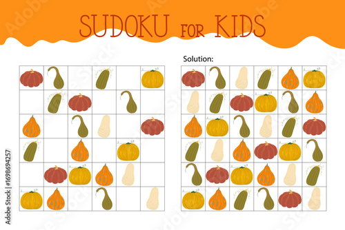 Pumpkins sudoku educational game or leisure activity worksheet illustration, printable grid to fill in missing images, autumn Thanksgiving topical vocabulary, puzzle with solution, teacher resources