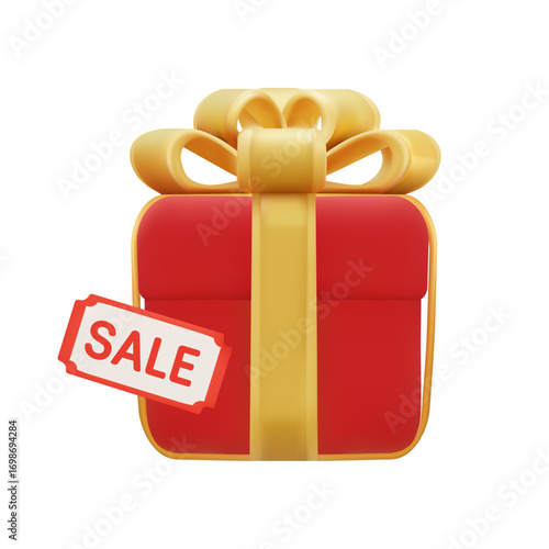 3D red gift box with golden ribbon and SALE coupon isolated on white background for holiday discount and marketing promotion