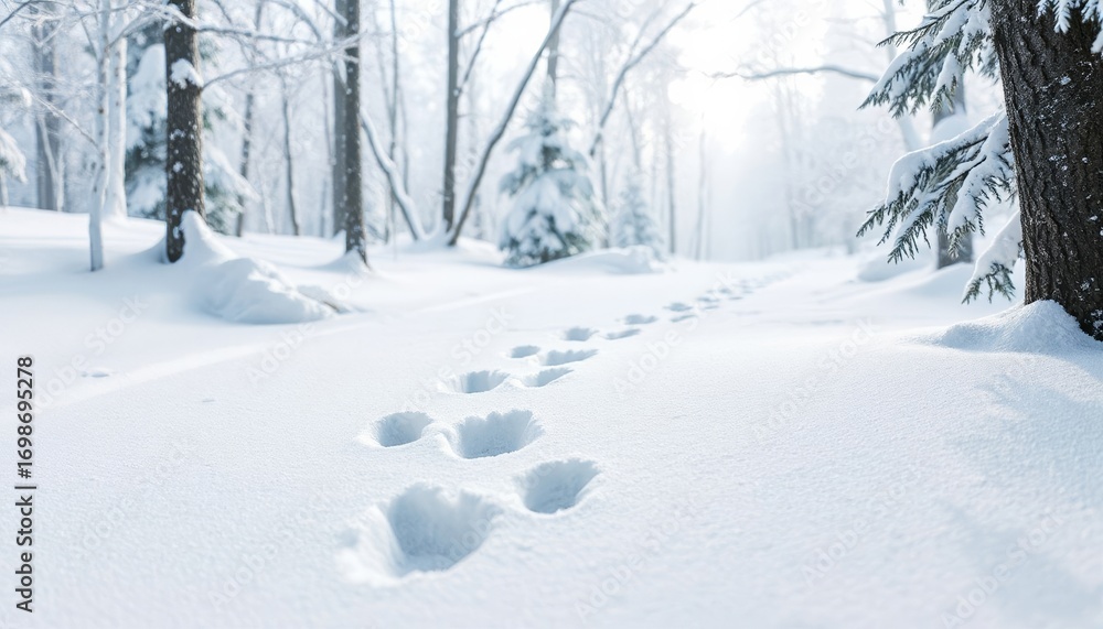 Fototapeta premium Snowy forest path with footprints leading through white landscape 
