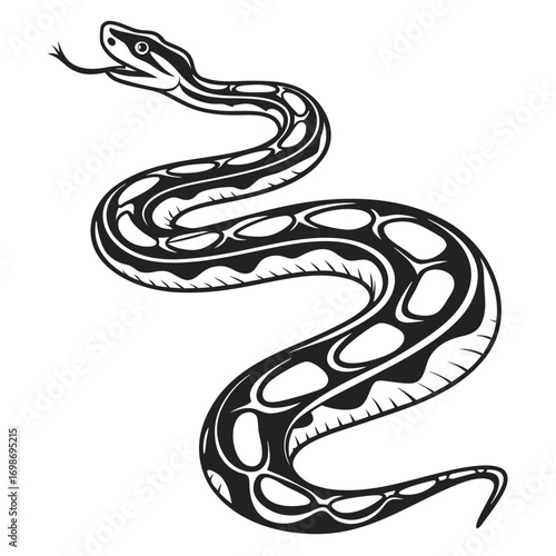 Stylized Monochrome Snake Illustration with Detailed Scale Pattern and Extended Tongue on a White Background Depicting Wildlife