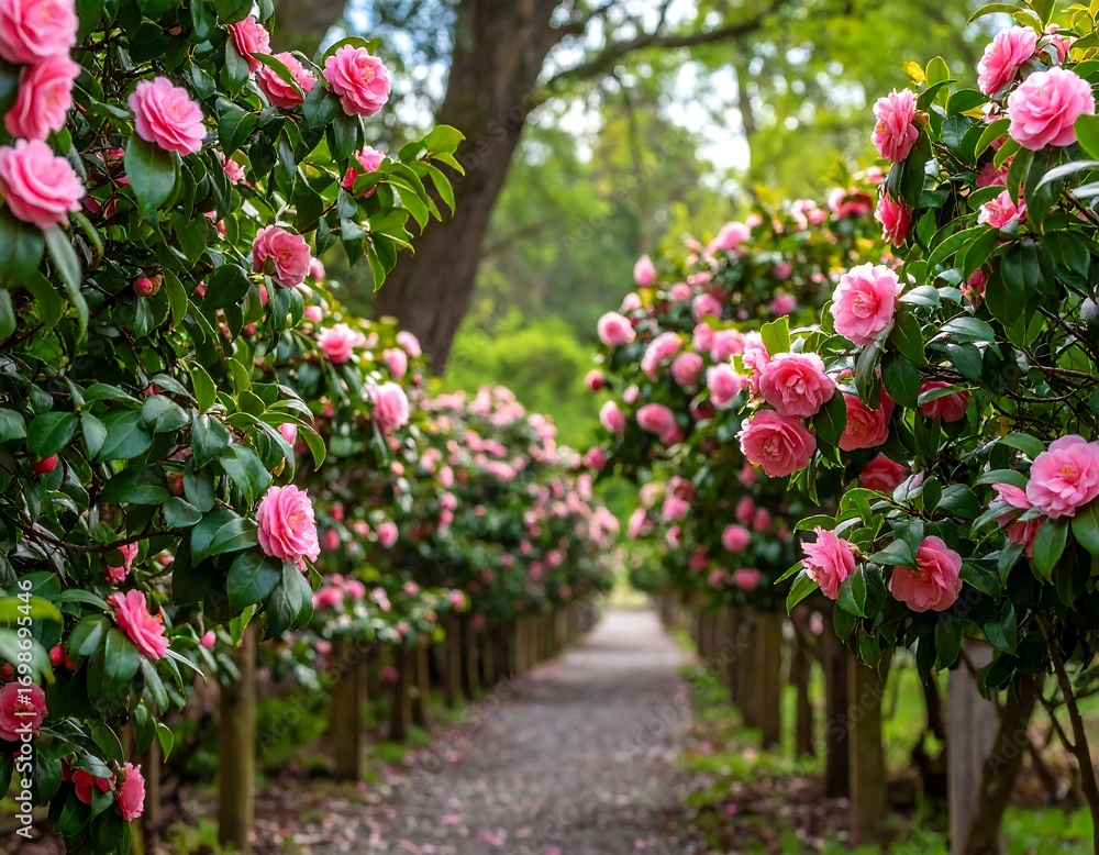 Fototapeta premium A pathway lined with pink camellia blossoms