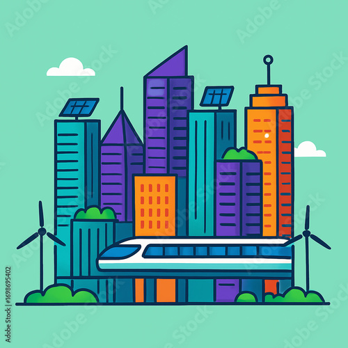 A vibrant illustration of a futuristic smart city, a conceptual vision for sustainable urban living with renewable energy