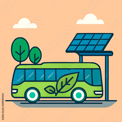 Eco-Friendly Solar Powered Bus Illustration with Greenery and Sun Panels