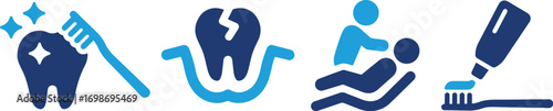 dental, care, hygiene, tooth, toothbrush, toothpaste, dentist, patient, icon, set, collection, blue, dark blue, symbol, graphic, design, health, medical, clean, sparkle, broken, treatment, prevention,