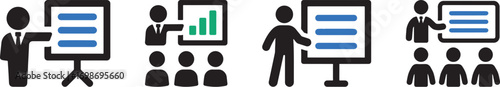 presentation, training, meeting, conference, business, education, teaching, learning, speaker, audience, whiteboard, flip chart, chart, graph, data, icon, symbol, silhouette, people, man, woman, group