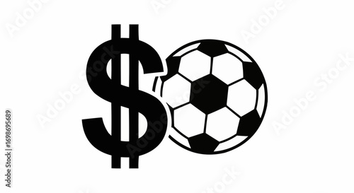 Vector art of a black dollar sign next to a black and white soccer ball, representing the financial aspect of professional sports, earnings, and the business of football