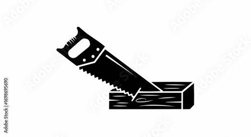 Vector art of a black silhouette of a handsaw cutting into a wooden block, symbolizing carpentry, diy, and woodworking projects