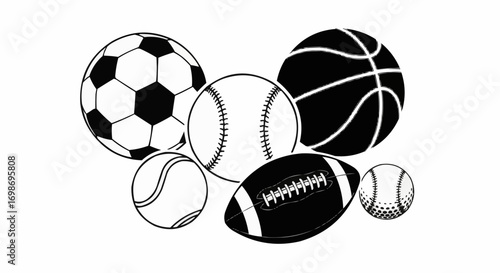 Vector art of a collection of various sports balls including a soccer ball, basketball, baseball, american football, tennis ball, and a smaller ball, representing diverse athletic activities