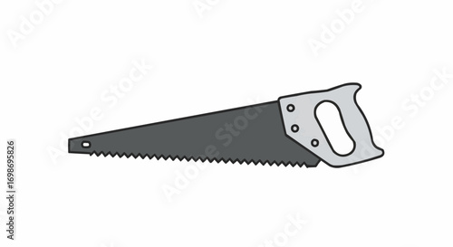 Vector art of a classic hand saw with a sharp toothed blade and a light gray handle, isolated on a, representing a woodworking tool for cutting and shaping materials