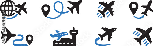 airplane, plane, aircraft, travel, flight, journey, transportation, airport, runway, navigation, route, map, pin, globe, world, icon, set, collection, graphic, illustration, design, black, blue, white