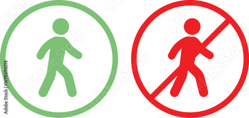 pedestrian, walking, person, icon, symbol, green circle, red circle, prohibition, access, allowed, forbidden, no entry, stop, danger, safety, traffic, sign, graphic, design, illustration, human figure