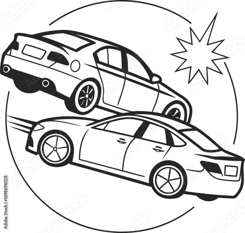 Two cars in a crash with impact lines in black and white drawing