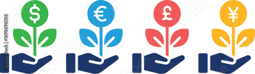 hand, holding, plant, growth, money, finance, dollar, euro, pound, yen, currency, investment, savings, wealth, profit, income, financial, business, concept, icon, symbol, illustration, graphic, design