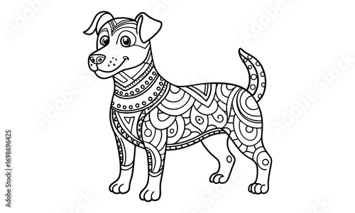 Jack dog Kids t shirt design silhouette and vector line art, Detailed Line Art, Perfect for Relaxation and Stress Relief, Great for Adult Coloring Books or Printable Art Therapy Activities.