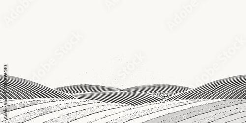 Stylized rolling hills and farmland with striped patterns and textured fields