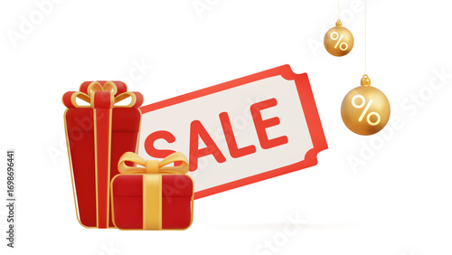 3D red gift boxes with golden ribbons, SALE coupon and hanging percent decorations isolated on white background for Christmas discount and holiday promotion