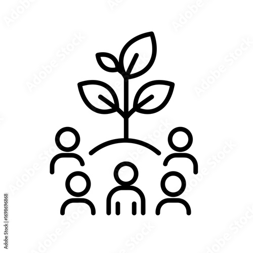 Group of people around a growing plant symbolizing eco community and Environment & Ecology Icons  