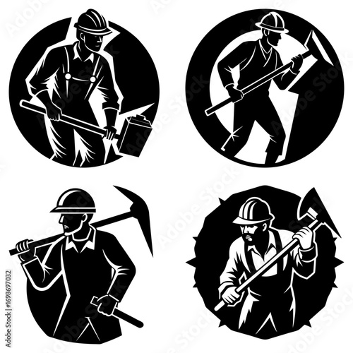 Four depictions of miners in silhouette holding tools in a circular frame on a white background design