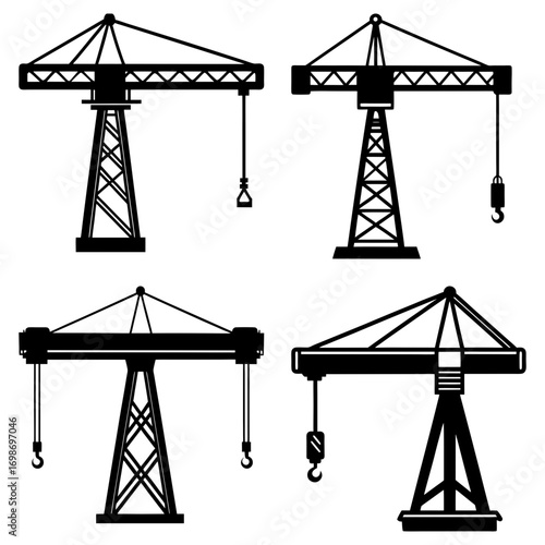 Silhouette illustration featuring four construction cranes in varying designs and orientations on a white background