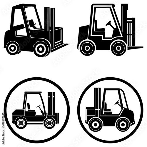 Four forklift illustrations in black and white showing different perspectives and circular representations