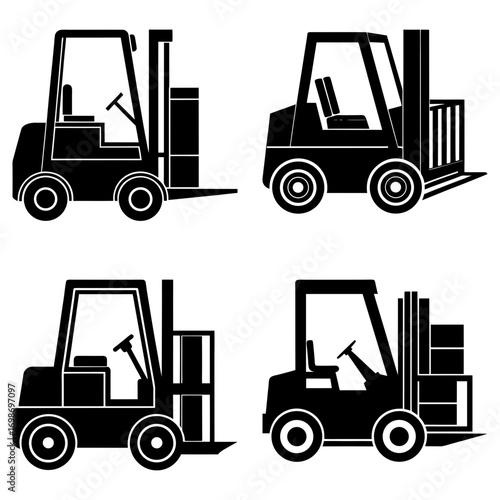 Four forklift trucks in black silhouette with different cargo and fork designs on a white background image