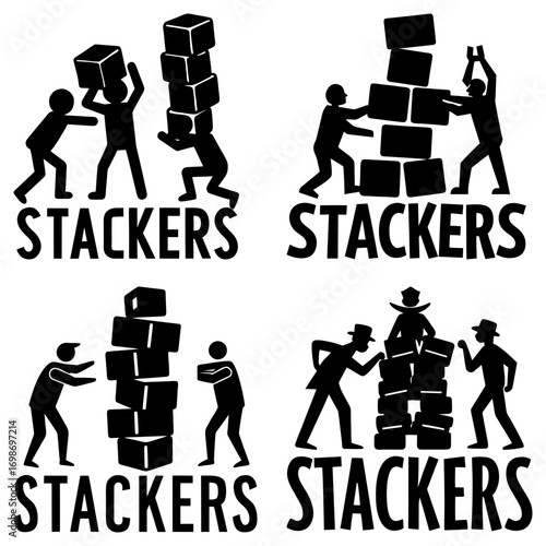Illustration showing stick figures stacking cubes with the word stackers written below each scene