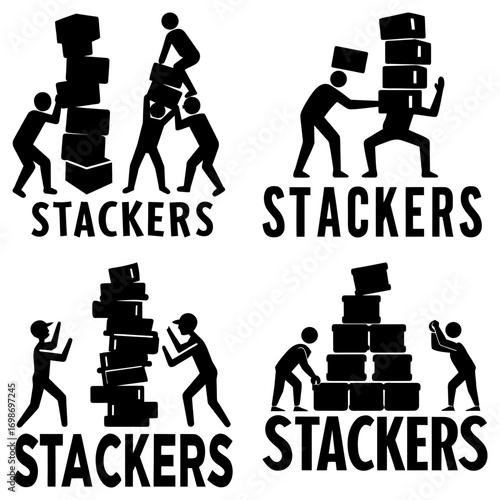 Illustration showing people stacking boxes with the word stackers written below each group