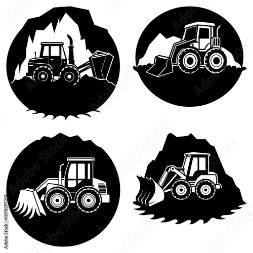 Four black and white vector illustrations of front end loaders in circular mountain backgrounds design is here