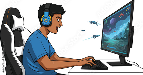 Young Gamer Engaged in an Online Gaming Session, Focused and Enthusiastic, Playing on a Desktop Computer