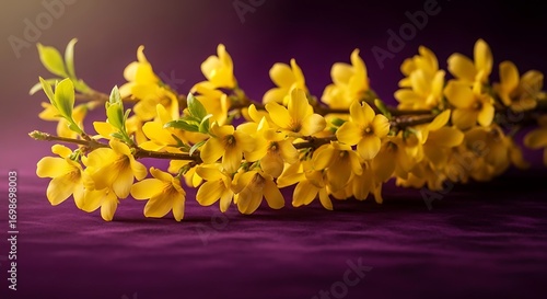 Close-up of a Spring Forsythia Branch with Vivid Yellow Flowers