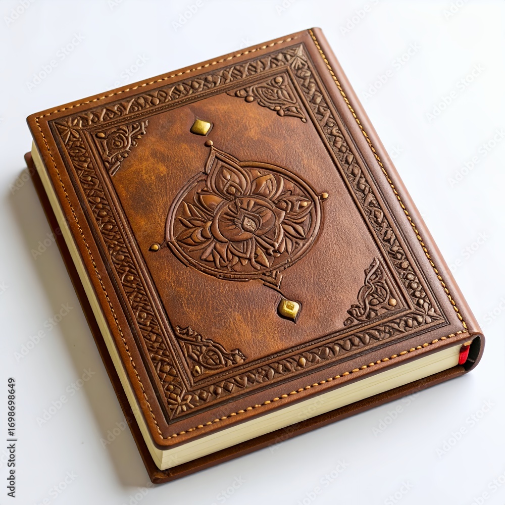 Fototapeta premium Ornate leather bound book with central floral medallion design, exquisite detailing on white background