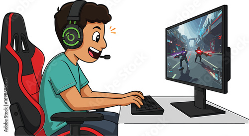 Enthusiastic young gamer immersed in a captivating digital world, showcasing the exciting and dedicated hobby of online gaming and interactive entertainment