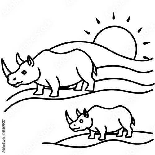Whimsical rhinoceros duo under the African sun, a clean and playful line art design perfect for educational materials, children's books, and conservation campaigns