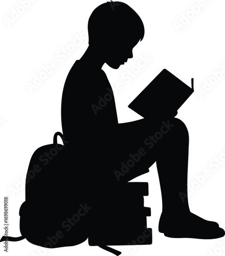 child reading book with backpack silhouette on transparent background